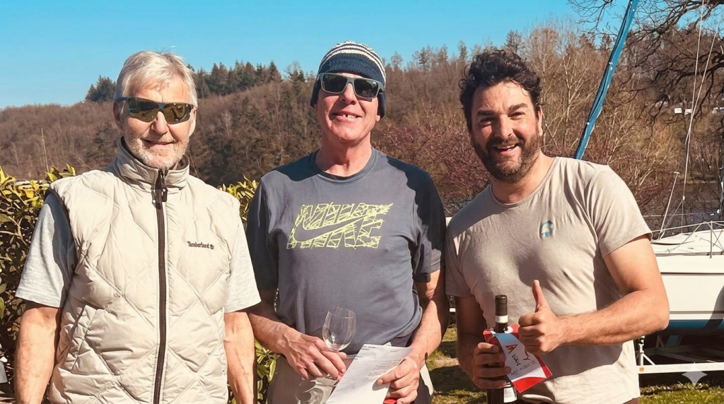Drei Teilnehmer der Finn Regatta an der Bevertalsperre